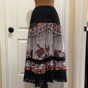 Lapis Black and White Floral Hippie style Maxi Skirt with lace accents